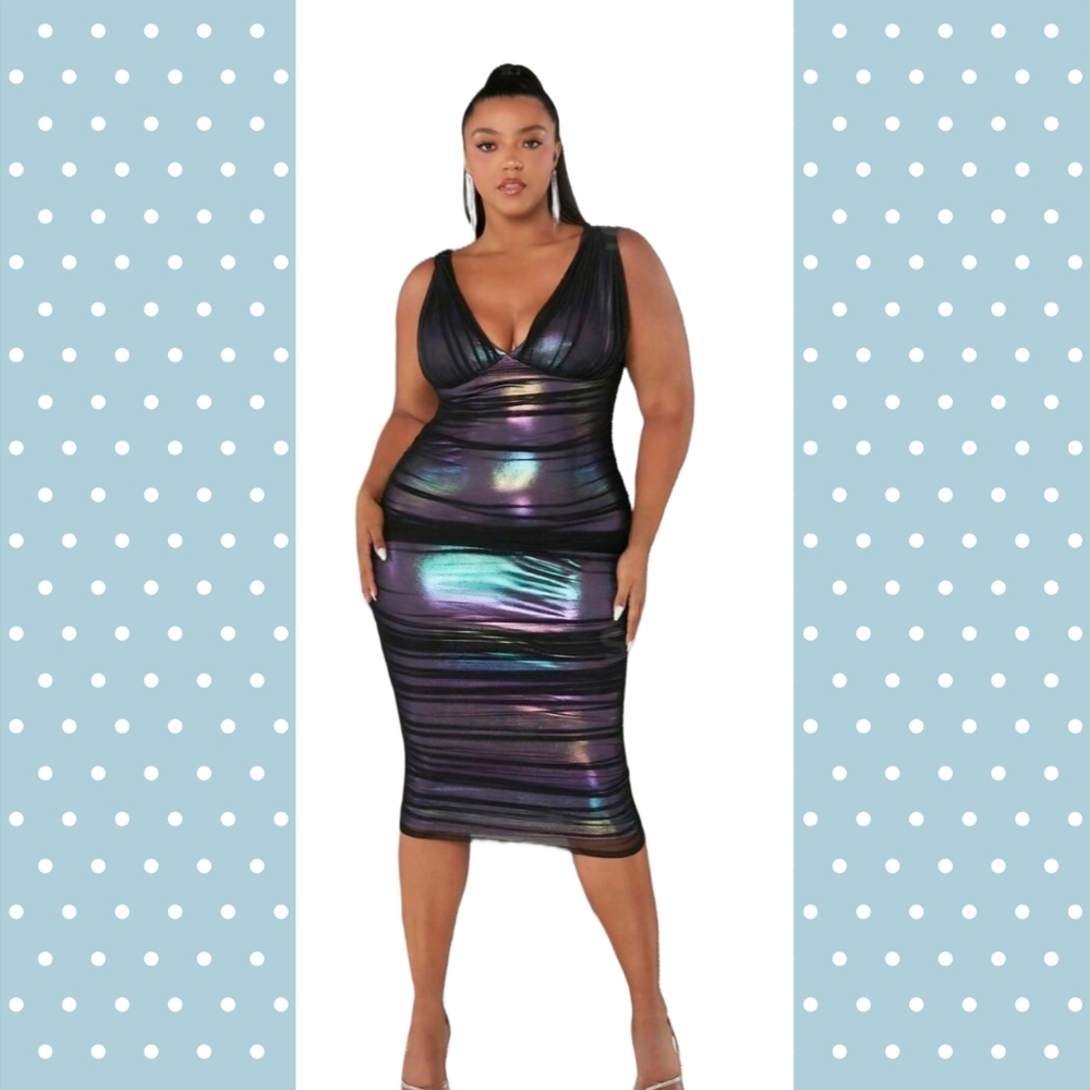 SHEIN SXY Plunging Neck Ruched Mesh Hologram Bodycon Dress